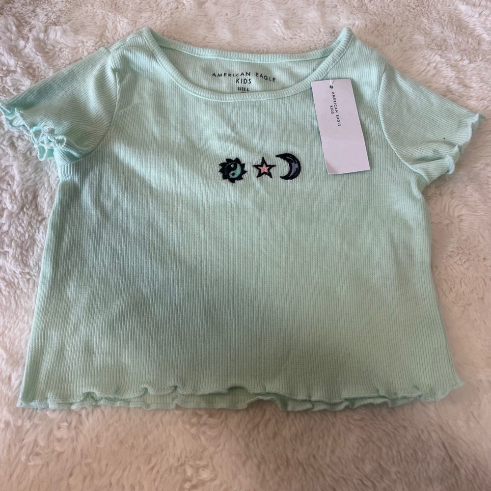 American Eagle Kids Girls Mint Green Ribbed T Shirt Sun Moon Star Graphic Size 4